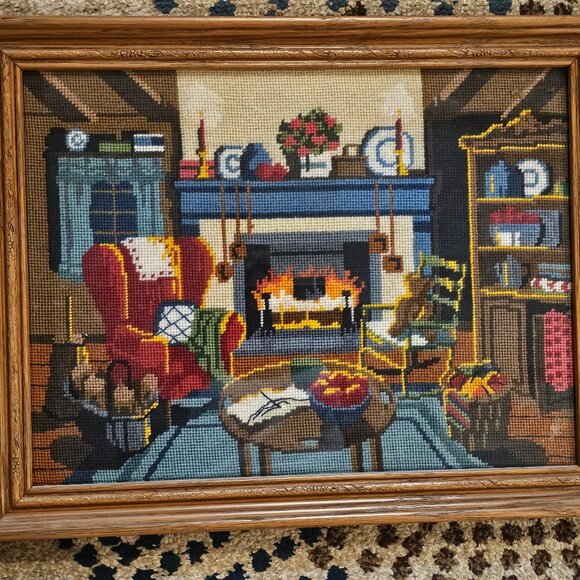 Finished Needlepoint Fireplace Sitting Room Picture Folk Art Mounted